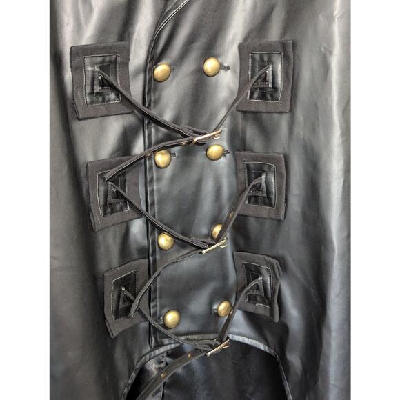 Black Vegan Leather Steampunk Trench Coat Belted Jacket Pirate Dressing PUBG - Picture 4 of 6